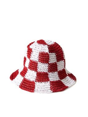 Red & White Crochet Checkerboard Bucket Hat 100% Paper